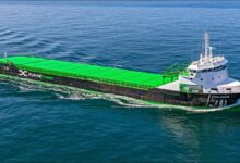 The Jan De Nul methanol-fuelled vessel 'Fleeming Jenkin' sails at sea.