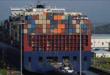 A cargo ship transits the Cocoli Locks in the Panama Canal.