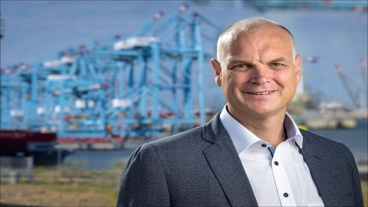 Artist's impression of the modern Rijeka Gateway container terminal with ships and cranes.