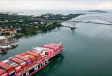 A large Yang Ming container ship loaded with cargo containers sails past a busy port.