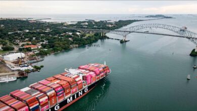 A large Yang Ming container ship loaded with cargo containers sails past a busy port.