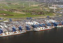 Container ships and cranes at a Maersk terminal, representing the Bremerhaven expansion.