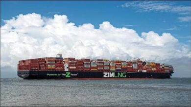 A large Zim container ship, laden with cargo, sails on the ocean.