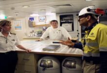 IMO officials presenting at the launch of the 'Policy into Practice' global maritime campaign.