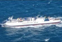 Former New Zealand ferry Aratere sails at sea.