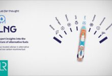 A large LNG-powered cargo ship sails past a port, accompanied by two smaller boats.