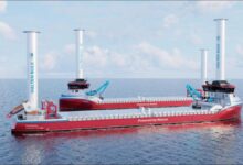 Norwegian bulk carrier design with multiple Flettner rotor sails for wind-assisted propulsion.