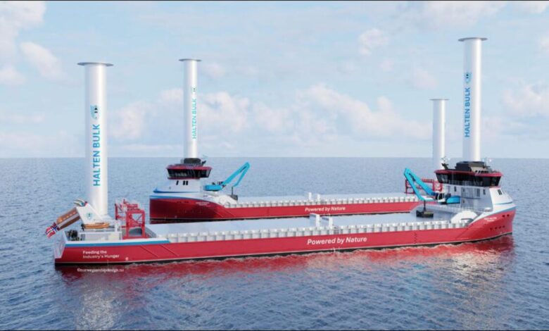Norwegian bulk carrier design with multiple Flettner rotor sails for wind-assisted propulsion.