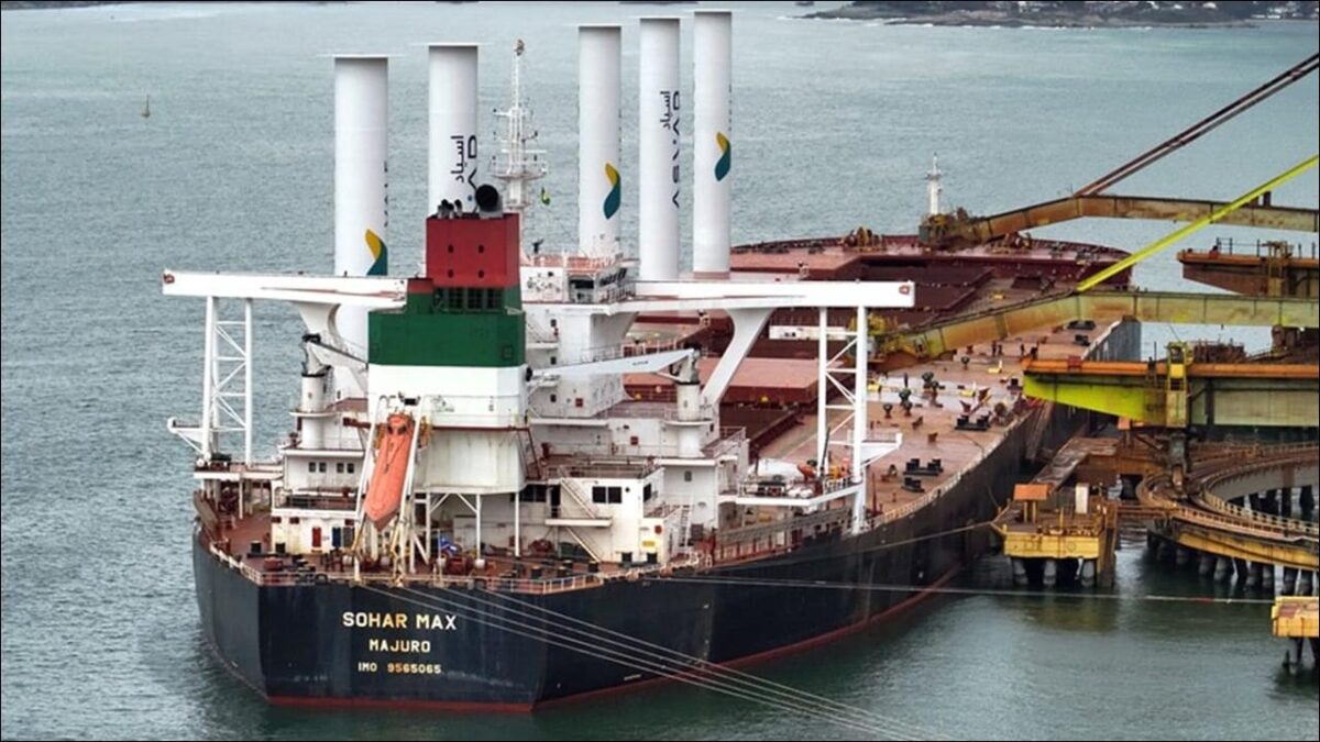 The Sohar Max vessel equipped with Anemoi wind propulsion rotors.