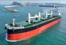 Almi Marine's ultramax bulk carrier, Mea Mare, sailing on the ocean.