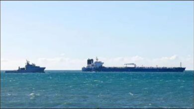 A suspected Russian 'shadow fleet' oil tanker sails on the open sea.