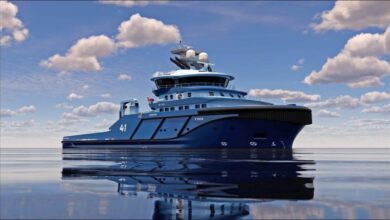 Ostensjo Rederi's new hybrid tugboat navigating calm waters.