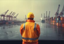 A Hapag-Lloyd container ship loaded with cargo sails on open water.