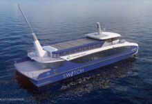 A modern Incat Crowther fuel-cell ferry concept rendering for New York.