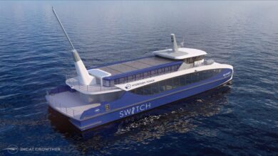 A modern Incat Crowther fuel-cell ferry concept rendering for New York.