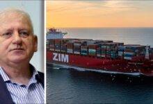 A large ZIM container ship sails on the ocean.