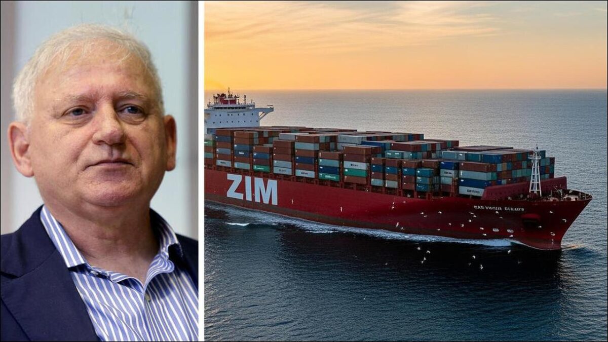 A large ZIM container ship sails on the ocean.