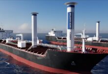 Union Maritime chemical tankers equipped with Anemoi rotor sails on the ocean.