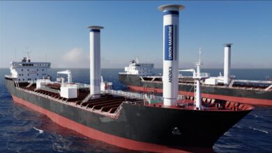 Union Maritime chemical tankers equipped with Anemoi rotor sails on the ocean.