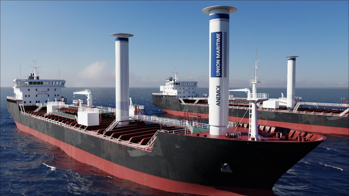 Union Maritime chemical tankers equipped with Anemoi rotor sails on the ocean.