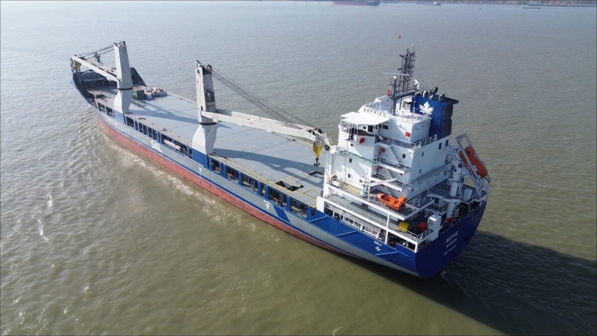 Heavy lift vessel at sea, illustrating advanced maritime connectivity.