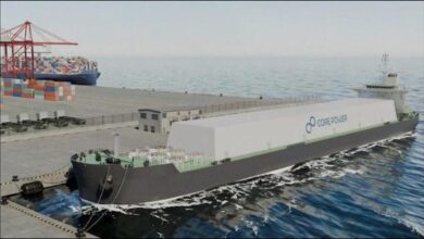 Conceptual rendering of a floating nuclear power plant vessel on the open sea.