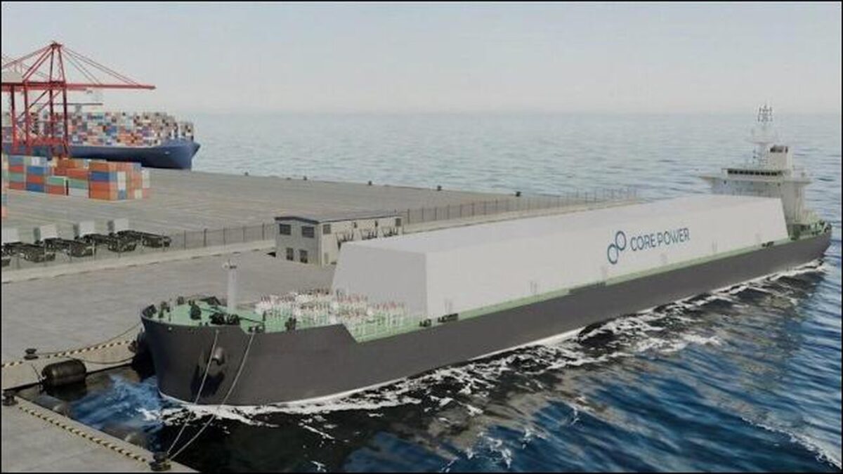 Conceptual rendering of a floating nuclear power plant vessel on the open sea.