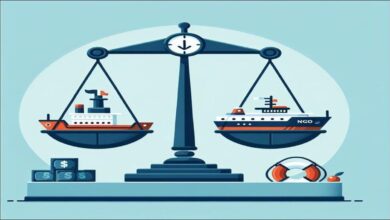 The Sea-Watch 3 migrant rescue vessel with a flag flying from its mast at sea.