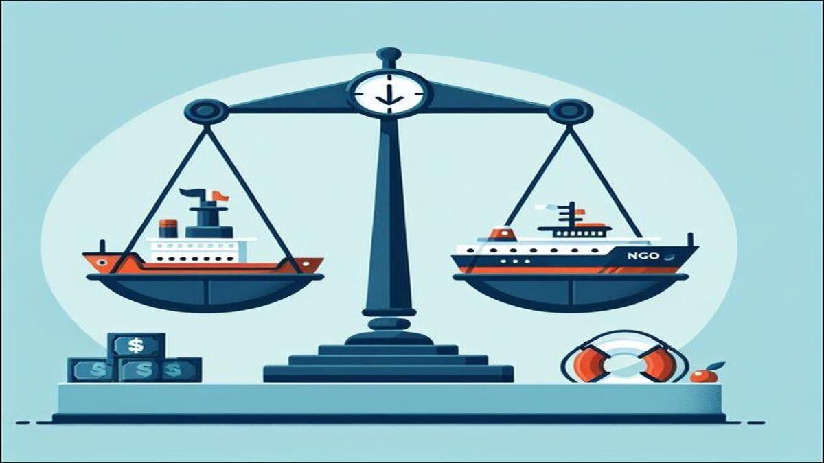 The Sea-Watch 3 migrant rescue vessel with a flag flying from its mast at sea.