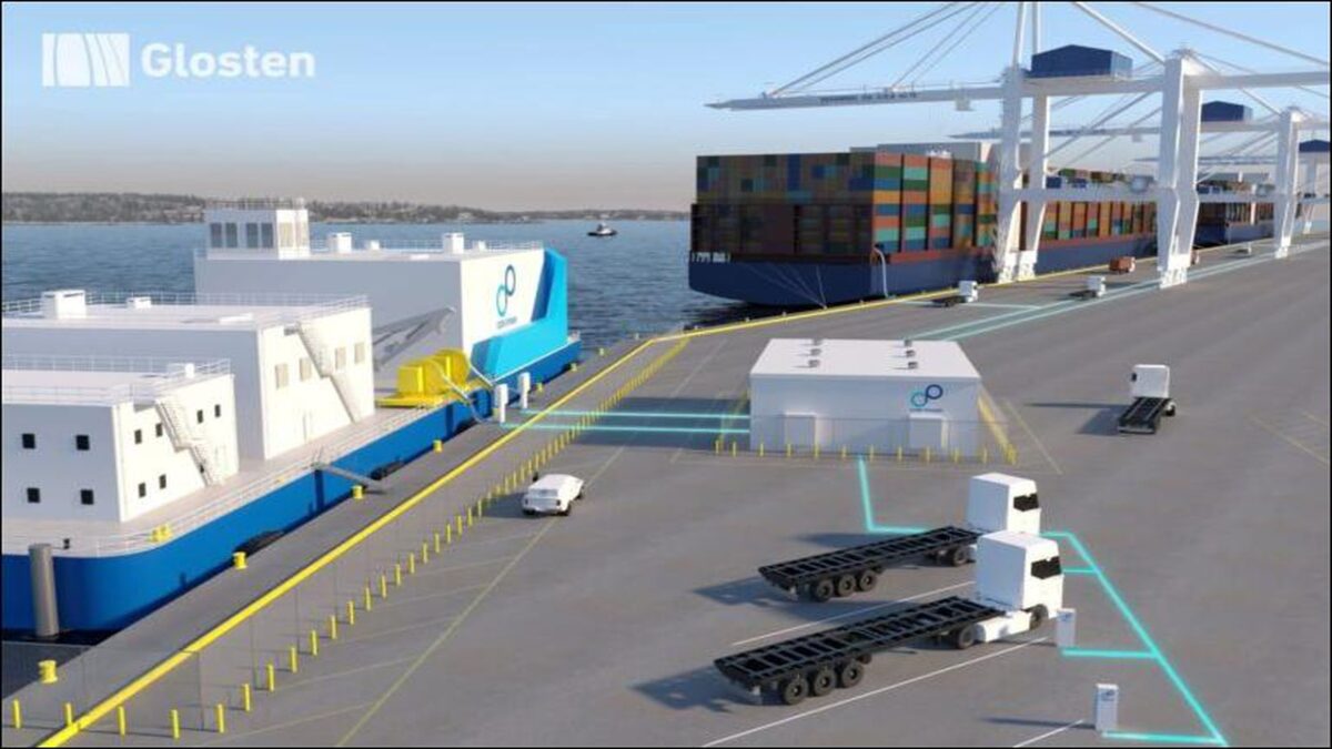 A rendering shows a floating nuclear power plant from Glosten and Core-Power docked at a port.