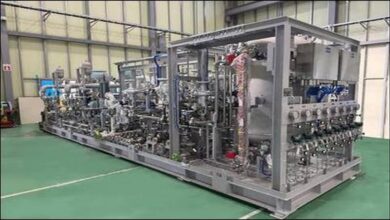 Mitsubishi's ammonia fuel supply system for marine engines, featuring complex piping and components.