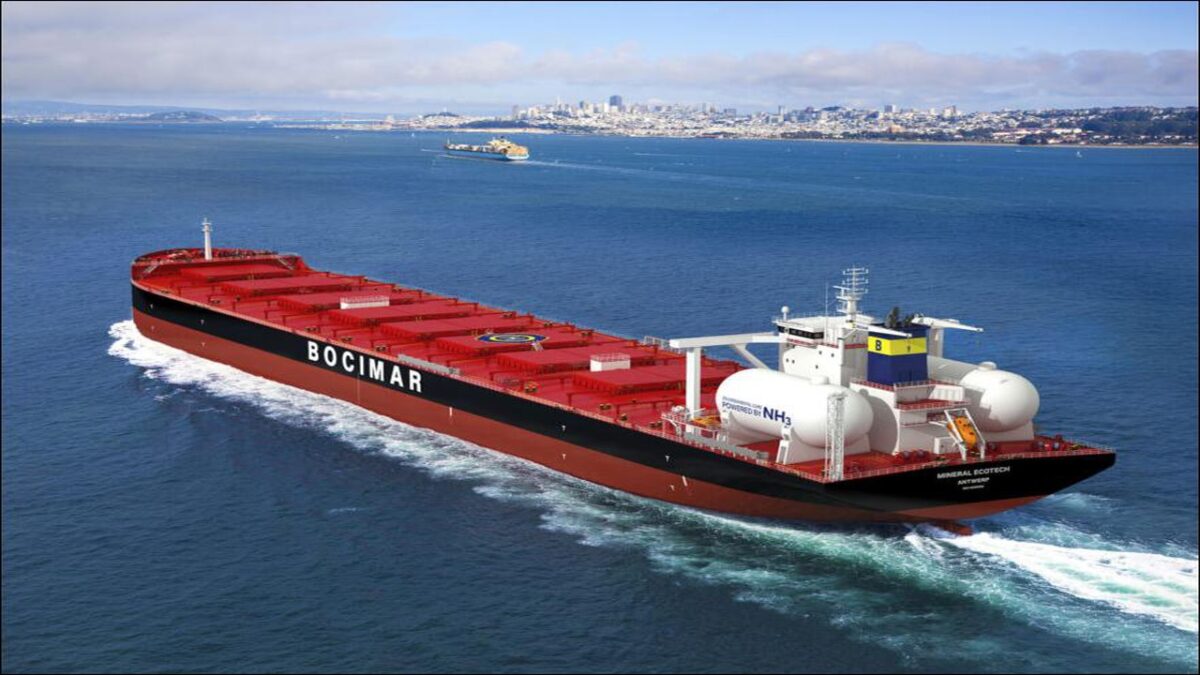 A CMB.TECH bulk carrier, powered by ammonia, sails across the ocean.