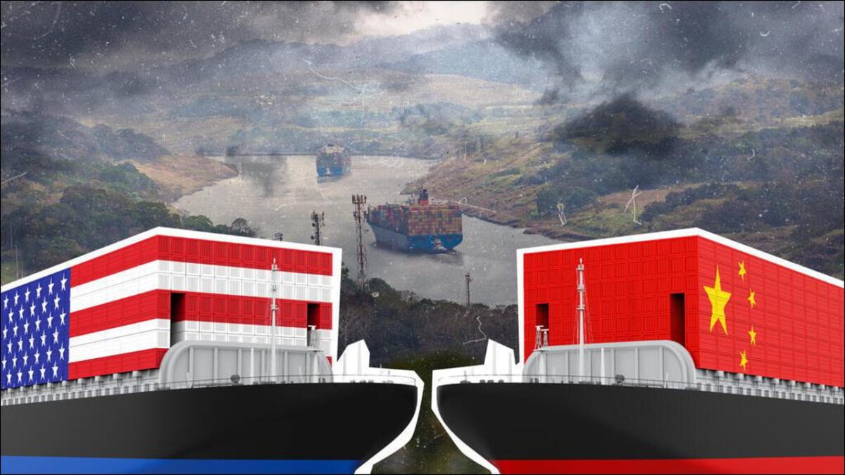 A large container ship navigates the Panama Canal, a key global trade artery.