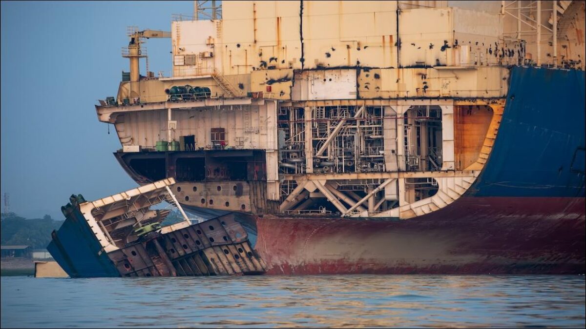 Workers dismantle a large vessel on a shipbreaking beach.