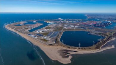 Container ships and cranes at a large terminal in the Port of Rotterdam.
