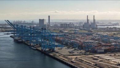 Container ships and cranes at a terminal in the busy Port of Rotterdam.
