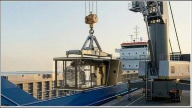 Ampera's subcritical thorium micro-reactor module being installed in a maritime vessel.