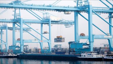 Large container ships docked at a busy port terminal with multiple gantry cranes.