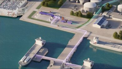 Viking Line's red and white ferry sailing for sustainable shipping.