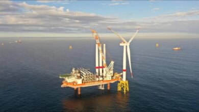 Fred Olsen Windcarrier's Bold Tern vessel installs an offshore wind turbine at sea.