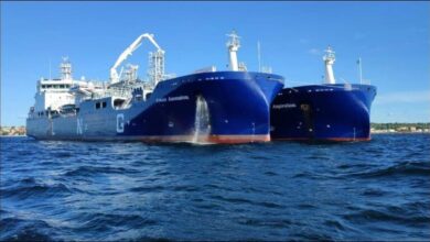 Avenir's bio-LNG bunker vessel floating at sea, ready to supply sustainable marine fuel.