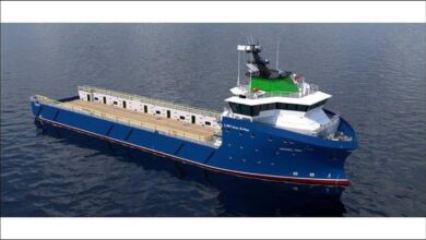 Digital illustration of Longitude's new compact PSV design sailing at sea.