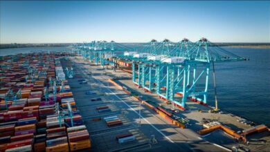 Large container cranes at the Port of Virginia's Norfolk terminal load an ultra-large containership.