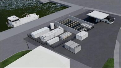 Klaipeda green hydrogen bunkering station infrastructure at a port.