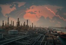 A large oil tanker sails on open waters, critical for global shipping and oil markets.