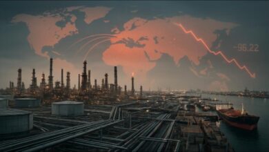 A large oil tanker sails on open waters, critical for global shipping and oil markets.