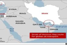 Map of the Strait of Hormuz connecting the Persian Gulf and Gulf of Oman.