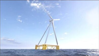 X1 Wind's X100 floating offshore wind platform, DNV certified, in the sea.