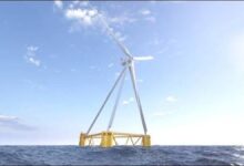 X1 Wind's X100 floating offshore wind platform with a turbine on the ocean.