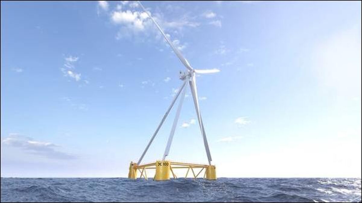 X1 Wind's X100 floating offshore wind platform with a turbine on the ocean.